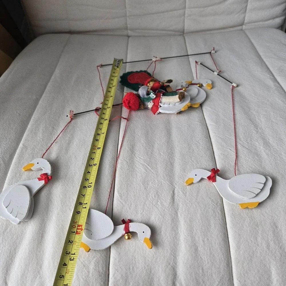 Vintage Small Christmas Mobile Wood Geese And Felt Boys Riding Goose.